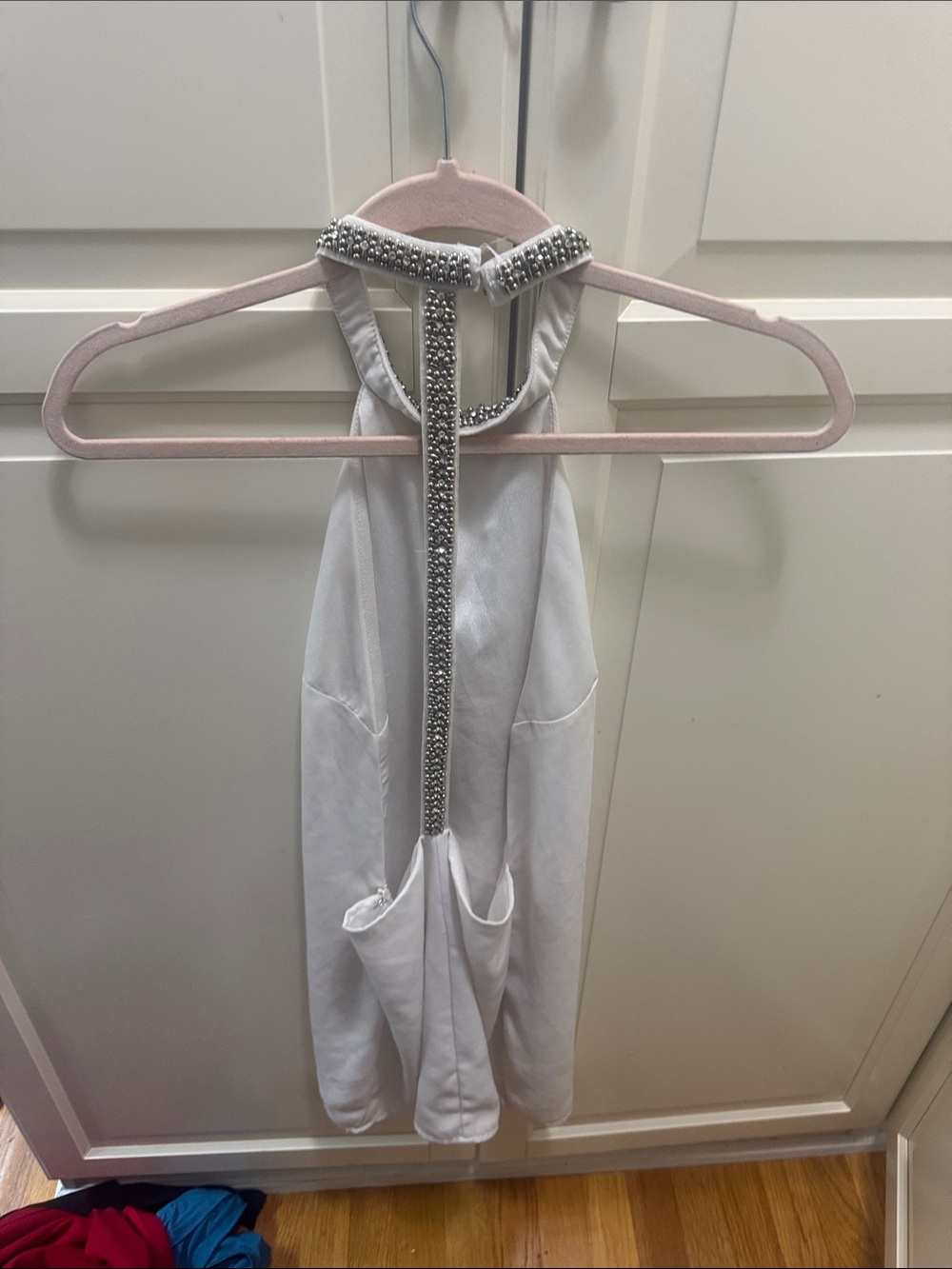 Tobi White Backless Halter Romper with Silver Rhinestone Trim